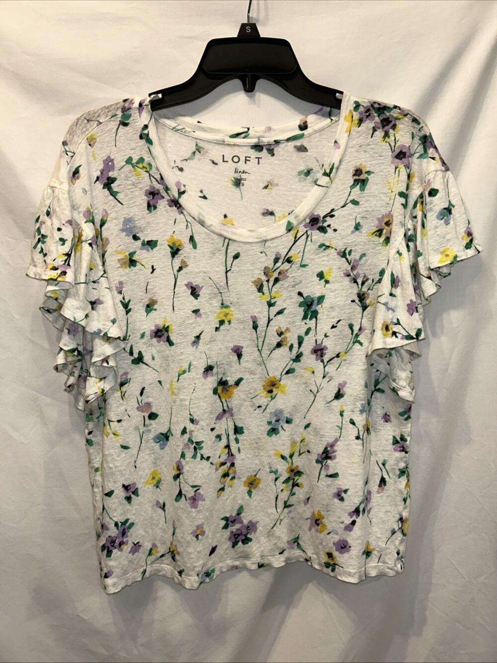 Loft Linen Womens Small Top Floral Print Flutter Ruffle Sleeve Feminine Cottage